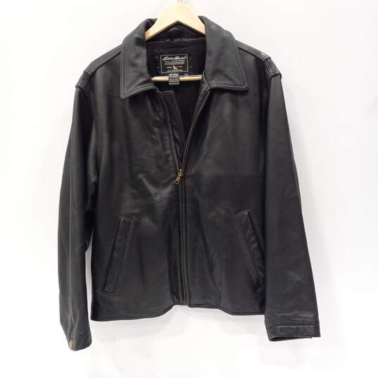 Buy the Men's Black Eddie Bauer Leather Jacket Size M | GoodwillFinds