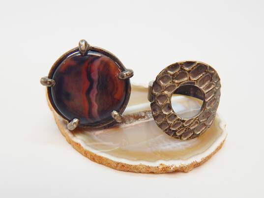 Artisan 925 Sterling Silver Hammered Open Circle & Agate Statement Rings 24.4g image number 1