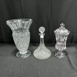Bundle of 3 Large Crystal Dishes - Vase, Decanter, And Candy Jar With 2 Lids