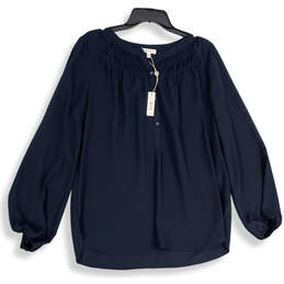 NWT Womens Navy Blue Front Button Long Balloon Sleeve Blouse Top Size L