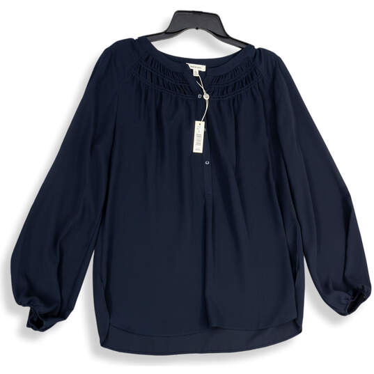 NWT Womens Navy Blue Front Button Long Balloon Sleeve Blouse Top Size L image number 1