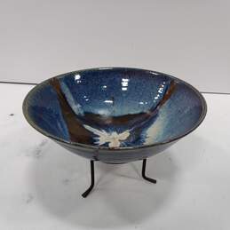 Large Blue Glazed Ceramic Handmade Centerpiece Bowl with Stand