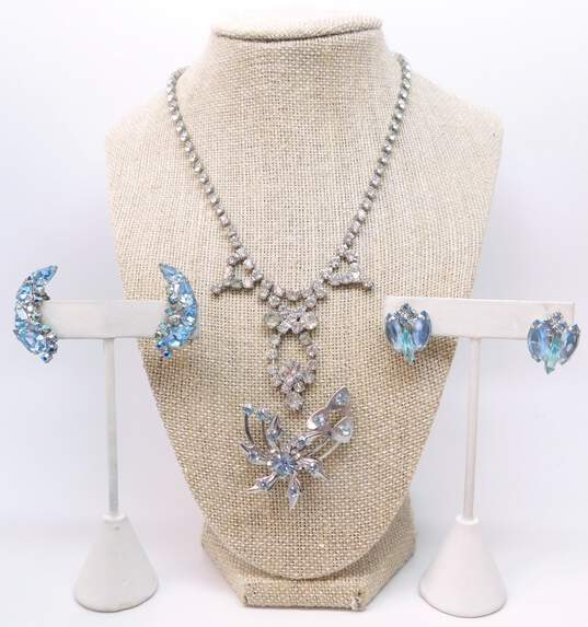 VNTG Blue & Clear Rhinestone Clip-On Earrings Necklace & Brooch 41.5g image number 1
