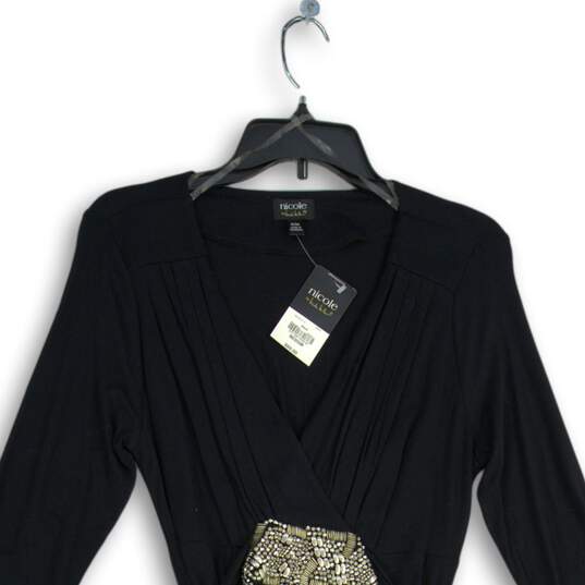NWT Nicole Miller Womens Black Beaded V Neck Fit & Flare Dress Size Medium image number 3