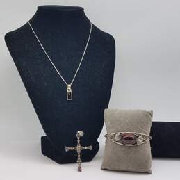 Sterling Silver Assorted Gemstone Cross Pendant 16 Inch Pendant Necklace 6 Inch Cuff Bracelet Bundle 3pcs 18.8g