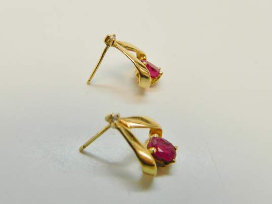 14K Yellow Gold Oval Ruby Round Diamond Accent Ribbon Earrings 1.6g image number 3
