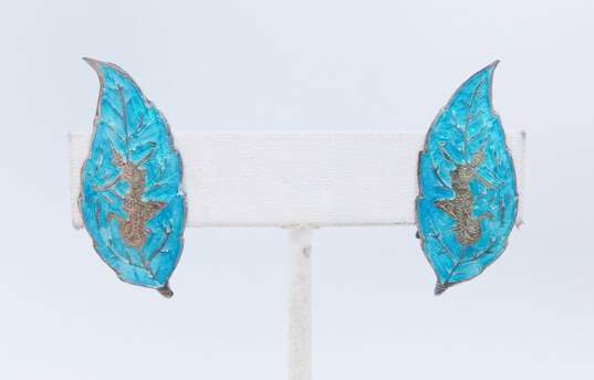 Vintage Siam Sterling Silver Blue Enamel Goddess Leaf Brooch & Clip On Earrings 14.8g image number 2