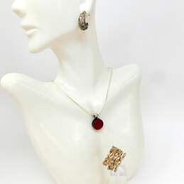Artisan 925 Red Glass Pendant Necklace Scroll Drop Earrings & Twisted Band Ring
