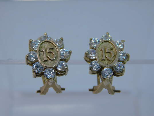 Vintage 14K Yellow Gold CZ 15 Years Omega Pierced Earrings 4.5g image number 2