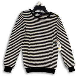 NWT Womens Black White Striped Shoulder Button Pullover Sweater Size Small