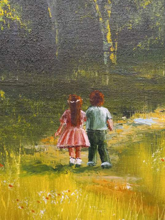 Vintage Signed Children in Field Oil Painting image number 2