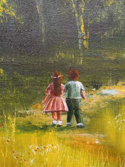 Vintage Signed Children in Field Oil Painting alternative image