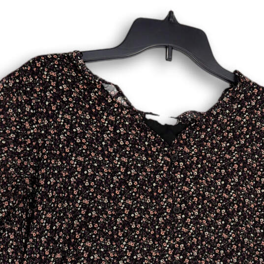 Womens Black Brown Floral Short Sleeve V-Neck Button Front Blouse Top Sz L image number 3