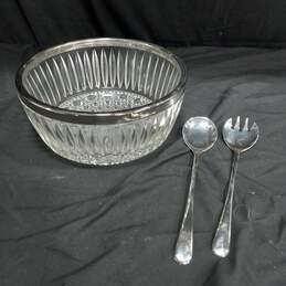 Vintage F.B. Rogers Silver Co. Clear Glass Salad Bowl w/ Silver-Plated Serving Utensils