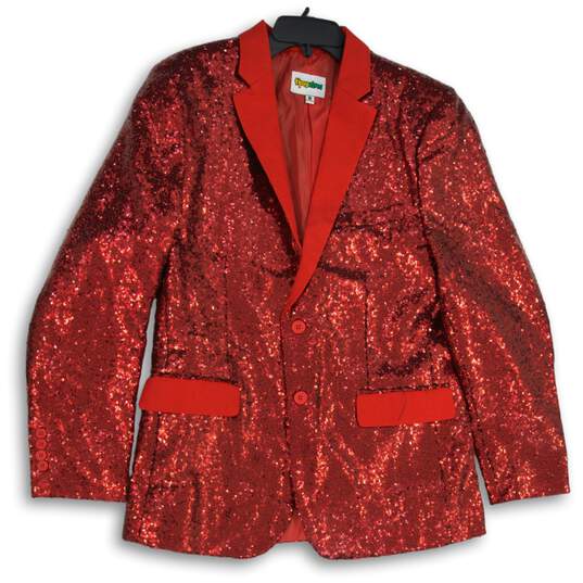Mens Red Sequin Long Sleeve Notch Lapel Single Breasted Two Button Blazer Sz 44 image number 1