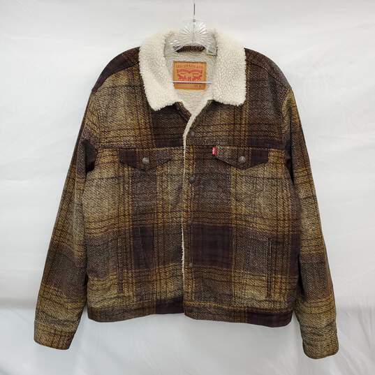 Levi's Strauss MN's Sherpa Trucker Yellow Plaid Fleece Jacket Size L image number 1