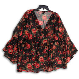 Womens Black Red Floral V-Neck Bell Sleeve Pullover Blouse Top Size 3 alternative image
