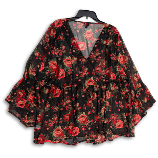 Womens Black Red Floral V-Neck Bell Sleeve Pullover Blouse Top Size 3 image number 2
