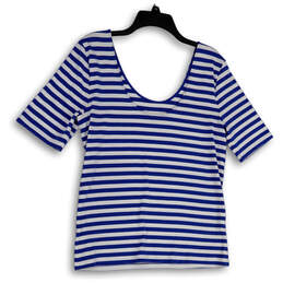 Womens Blue White Striped Scoop Neck Short Sleeve Pullover Blouse Top Sz XL