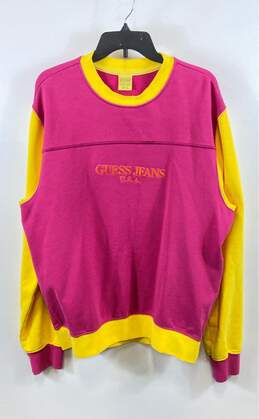Vintage Guess Jeans Mens Pink Yellow Cotton Crew Neck Pullover Sweatshirt Size M