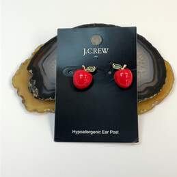 Designer J. Crew Gold-Tone Red Enamel Apple Shape Fashionable Stud Earrings