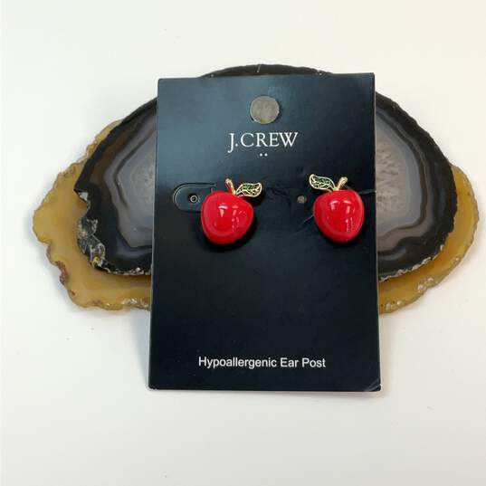 Designer J. Crew Gold-Tone Red Enamel Apple Shape Fashionable Stud Earrings image number 1