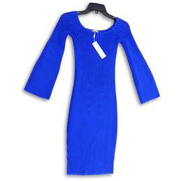 NWT Womens Blue Round Neck Long Sleeve Ribbed Knit Sweater Dress Size XS-XL