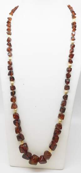 Vintage 14K Yellow Gold Graduated Cognac Amber Bead Necklace 42.5g