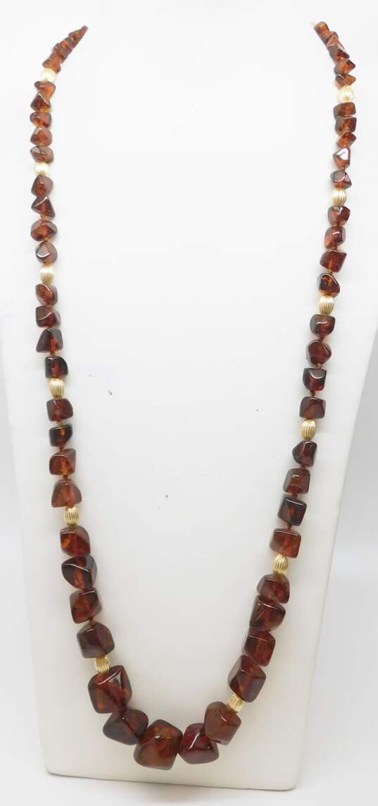Vintage 14K Yellow Gold Graduated Cognac Amber Bead Necklace 42.5g image number 1