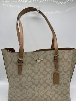 Coach Womens Beige Brown Logo Printed Leather Trim Double Handle Tote Bag