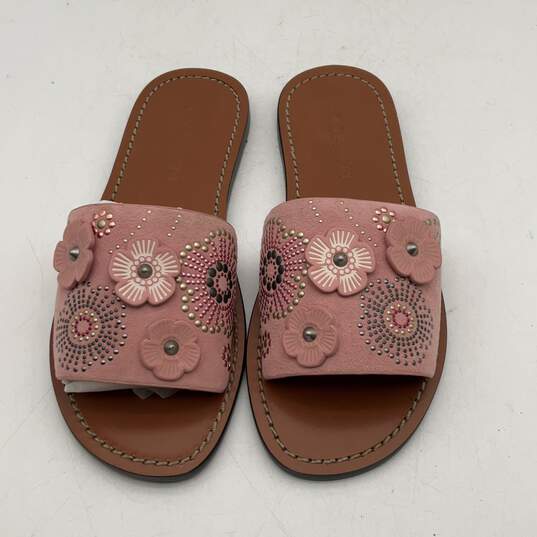 Womens Rivets Pink Brown Floral Suede Slip On Flat Slide Sandals Size 5.5 image number 1