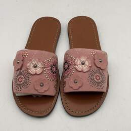 Womens Rivets Pink Brown Floral Suede Slip On Flat Slide Sandals Size 5.5