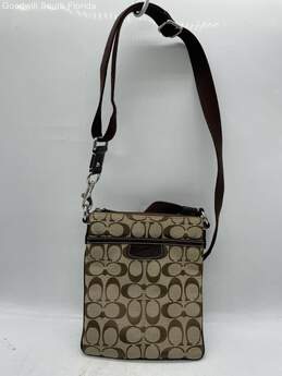 Coach Womens Brown Leather Signature Print Adjustable Strap Crossbody Bag