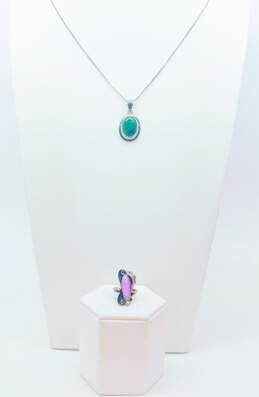 Signed DA & Artisan 925 Southwestern Chrysocolla Oval Pendant Necklace & Purple Cabochon Scrolled Feather Ring 10g