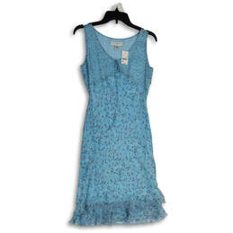 NWT Womens Blue Floral Ruffle Hem Tie Neck Sleeveless Shift Dress Size 6