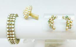 Vintage Gold Tone Aurora Borealis & Faux Pearl Mushroom Brooch w/ Bracelet & Earrings 44.1g