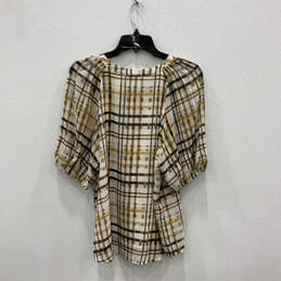 Womens Multicolor Plaid Puff Sleeve Round Neck Pullover Blouse Top Size M alternative image