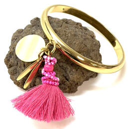 Designer J. Crew Gold Tone Pink Tassel Charm Beaded Classic Bangle Bracelet
