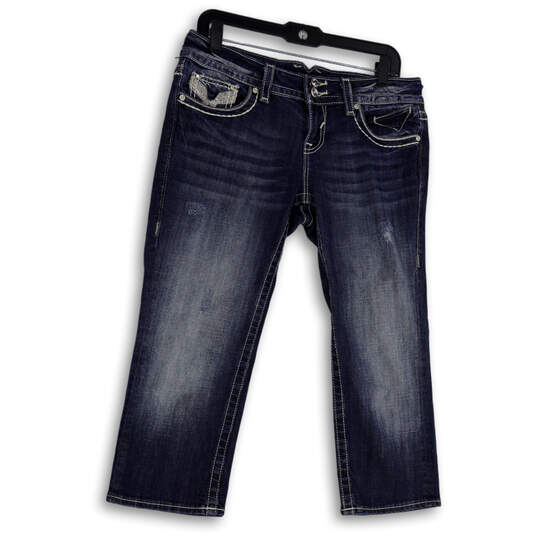Womens Blue Denim Medium Wash Distressed Pockets Capri Jeans Size 5/6 image number 1