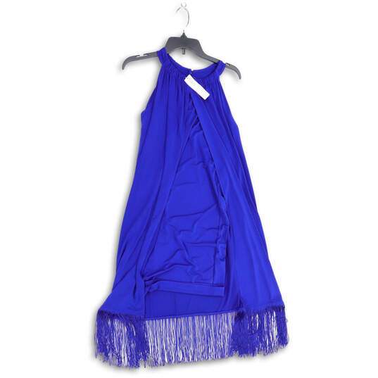 NWT Womens Blue Sleeveless Fringed Hem Keyhole Back Midi Shift Dress Size 0 image number 1