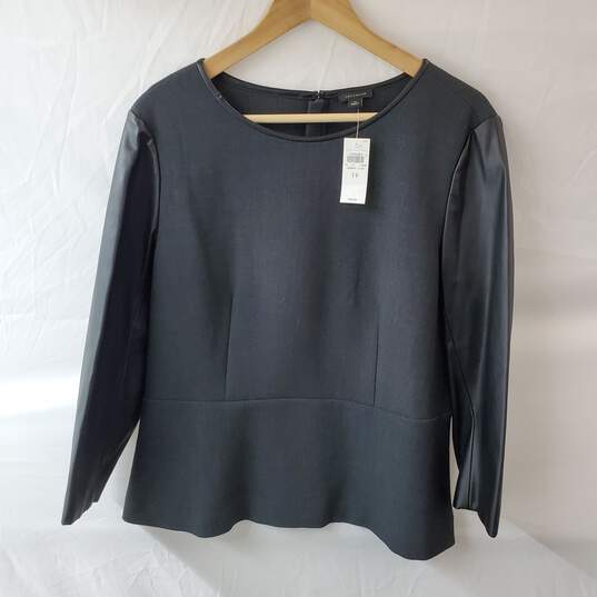 Women's Anne Taylor Black/Dark Gray Blouse with Faux Leather Sleeves Size 14 NWT image number 1