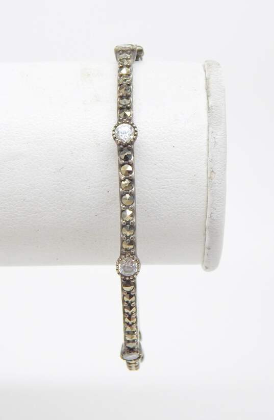 Judith Jack 925 Onyx Teardrop Pendant Necklace & CZ Marcasite Bangle Bracelet image number 3