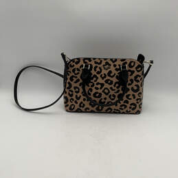 Womens Black Leather Leopard Print Zipper Double Handle Crossbody Bag Purse