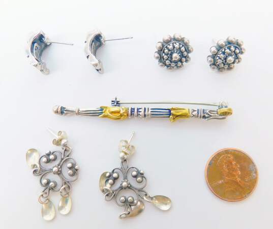 JRI Mexico & Artisan 925 Woven Granulated & Scrolled Dangles Post Earrings & Bar Brooch 21.7g image number 6