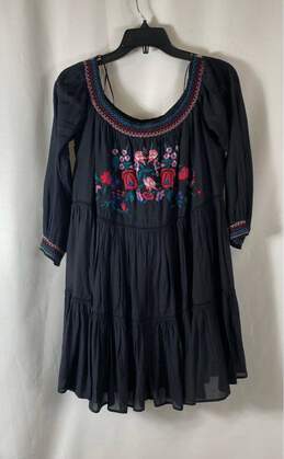 Free People Black Floral Embroidered Off The Shoulder Mini Babydoll Dress Size L