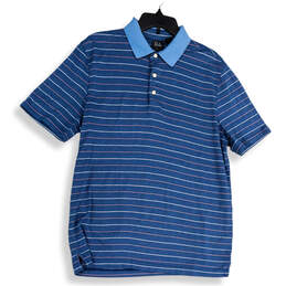 Mens Blue Striped Pointed Collar Button Short Sleeve Polo Shirt Size M