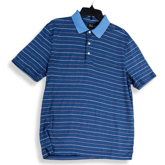 Mens Blue Striped Pointed Collar Button Short Sleeve Polo Shirt Size M image number 1
