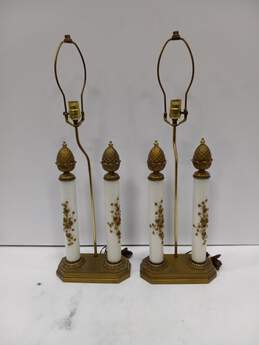 Vintage Pair Of Gilded Milk Glass Pillar Lamps