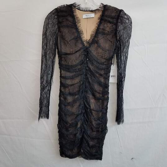 Black long sleeve lace ruched bodycon mini dress XS nwt image number 1