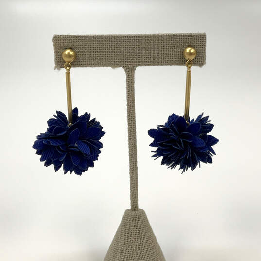 Designer J. Crew Gold-Tone Blue Pom Pom Fashionable Drop Earrings image number 2